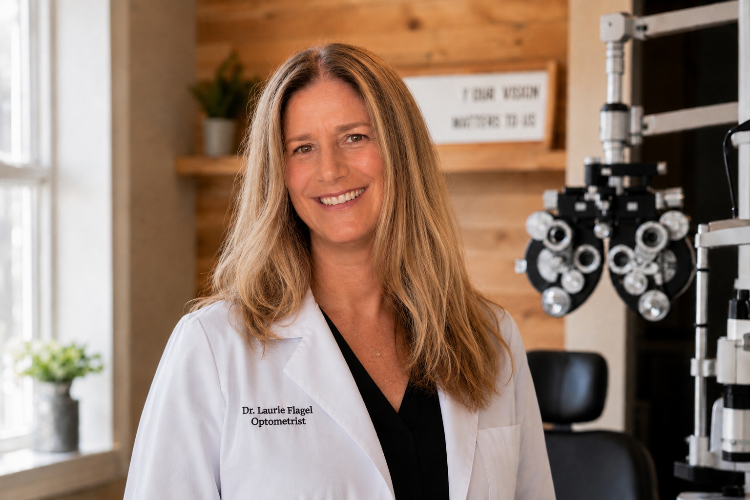 Dr. Laurie Flagel performing a comprehensive eye exam at her Middletown office